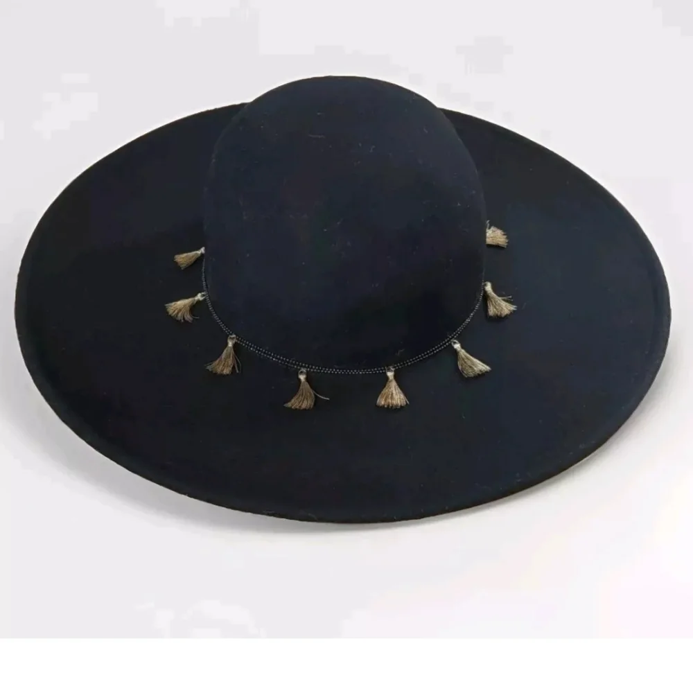 Vince Camuto Floppy Wool Hat Black Tasseled Chain Country Boho Coastal One Size